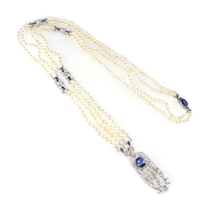 Art Deco sapphire, diamond and pearl pendant sautoir necklace